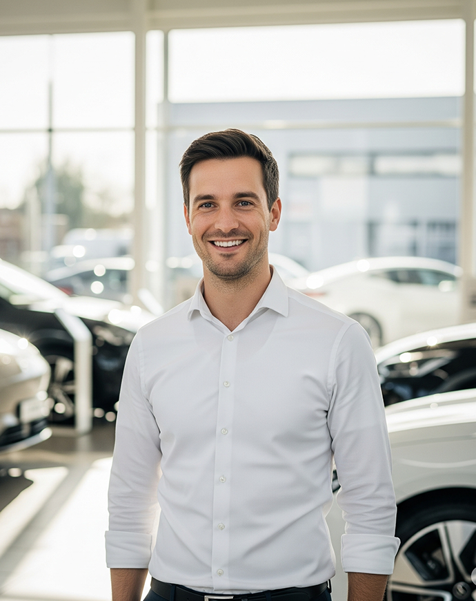 Ein freundlicher Verkaufsberater von Kuhn+Witte steht lächelnd in einem hellen und modernen Autosalon.